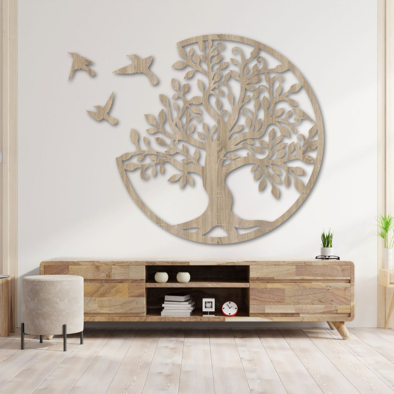 Modernes Wandbild aus Holz Baum mit Vögeln
