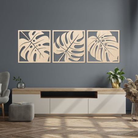 Monstera-Bild aus Holz – 3-teilige Wanddekoration Monstera-Bild aus Holz – 3-teilige Wanddekoration
