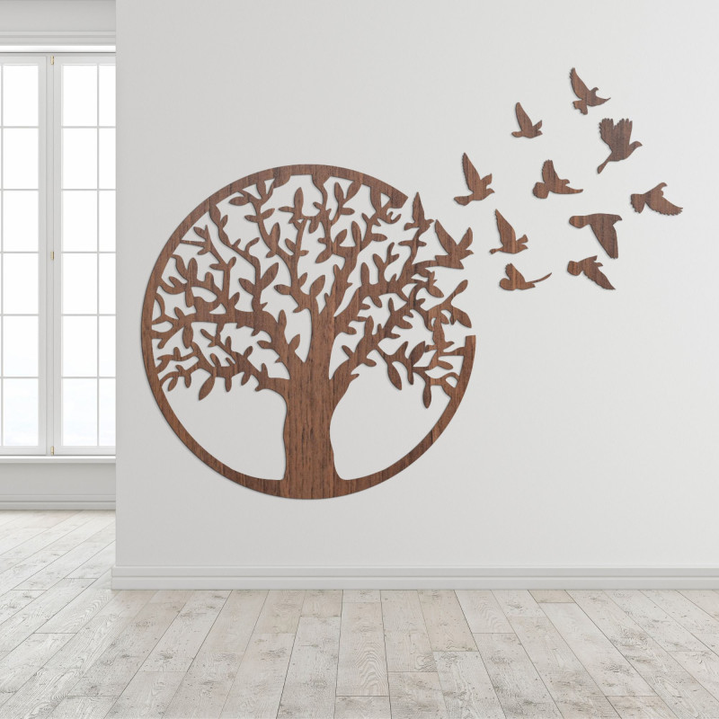 Wanddekoration aus Holz - Baum des Lebens fliegende Vögel