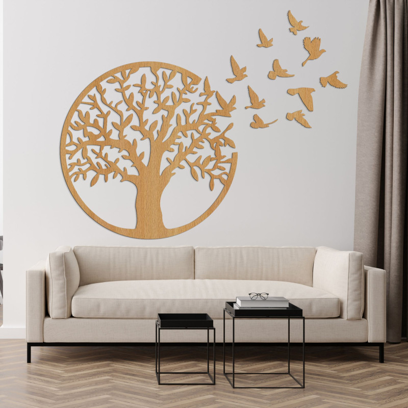 Wanddekoration aus Holz - Baum des Lebens fliegende Vögel