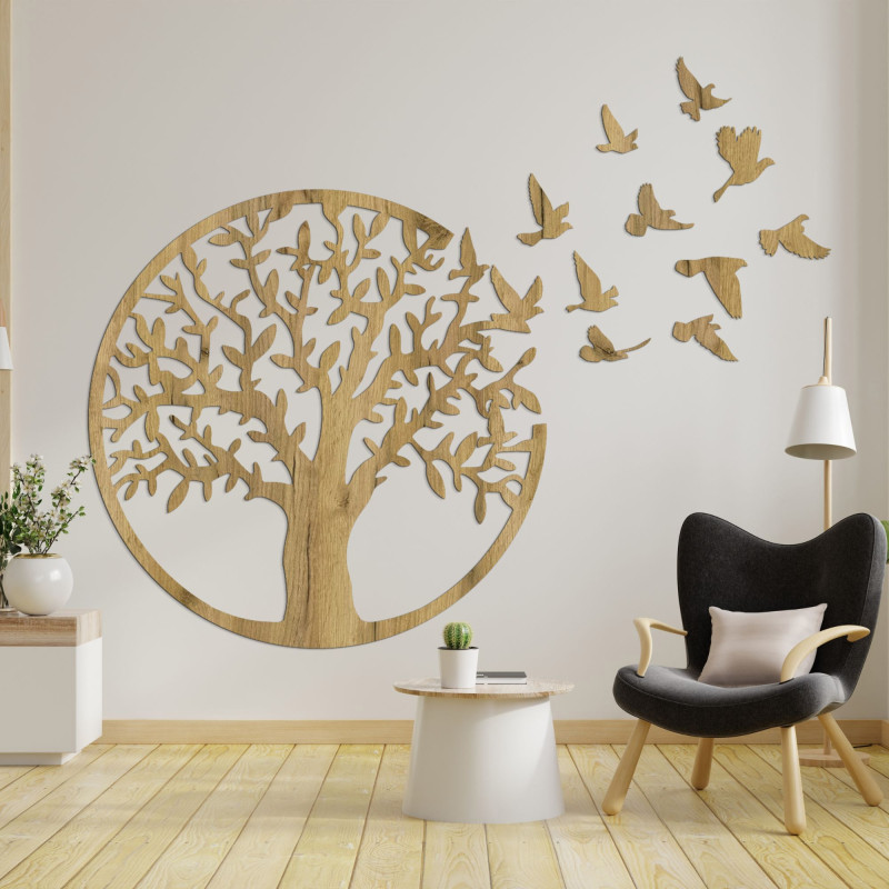 Wanddekoration aus Holz - Baum des Lebens fliegende Vögel