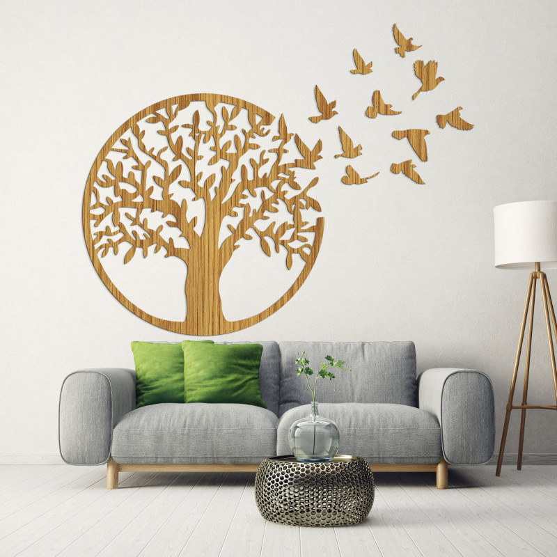 Wanddekoration aus Holz - Baum des Lebens fliegende Vögel