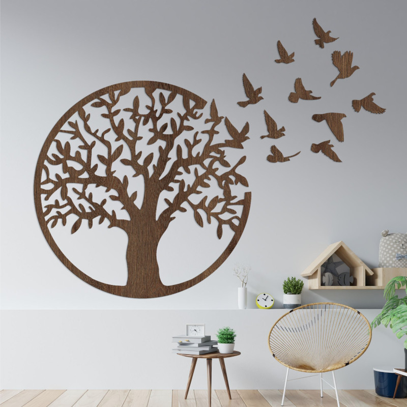 Wanddekoration aus Holz - Baum des Lebens fliegende Vögel