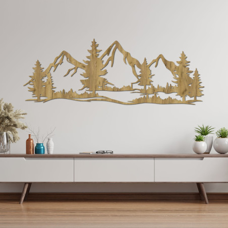 Ein Wandbild aus Holz mit einem Motiv aus Bergen und Wäldern bringt die Atmosphäre wilder Natur in Ihr Zuhause. Ein Wandbild aus Holz mit einem Motiv aus Bergen und Wäldern bringt die Atmosphäre wilder Natur in Ihr Zuhause.