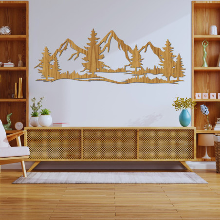 Ein Wandbild aus Holz mit einem Motiv aus Bergen und Wäldern bringt die Atmosphäre wilder Natur in Ihr Zuhause. Ein Wandbild aus Holz mit einem Motiv aus Bergen und Wäldern bringt die Atmosphäre wilder Natur in Ihr Zuhause.