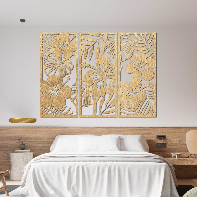 3-teilige Holzmalerei der Ibishtek-Blume - DROBERE
