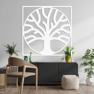 Dekorativer Lebensbaum aus Holz geschnitzt im modernen Rahmen. 2