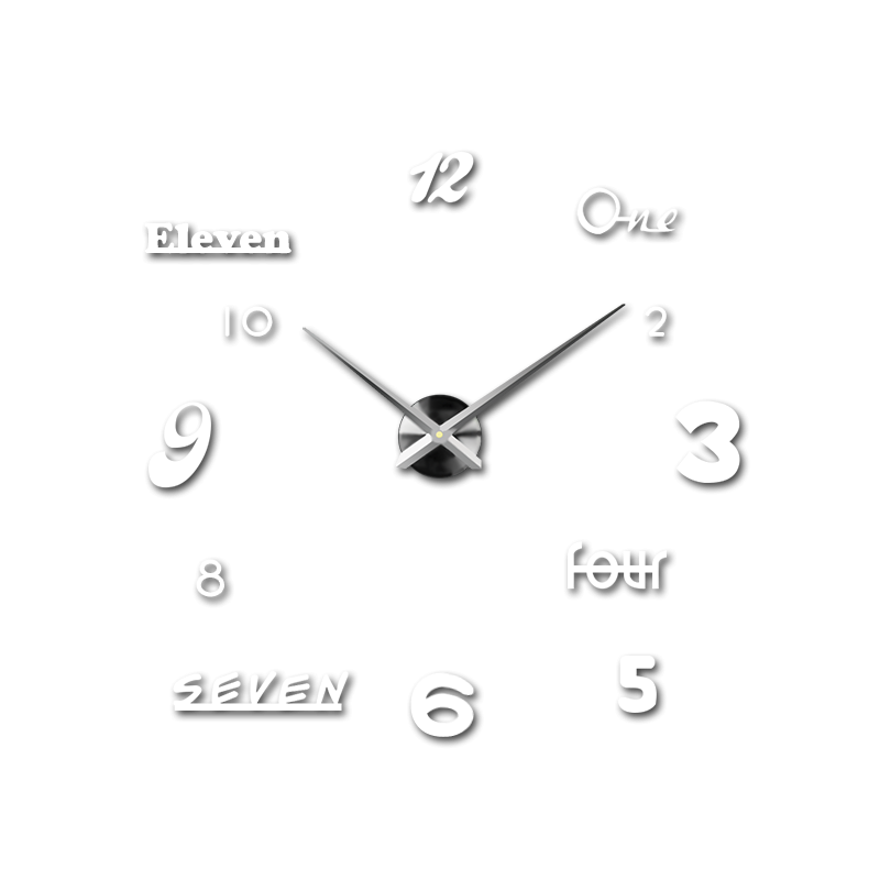 Designer-Wanduhr mit einer Kombination aus Zahlen und Wörtern in kreativer Anordnung.