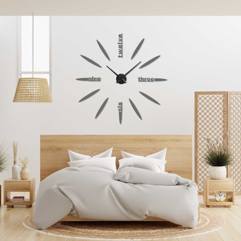 Detail einer 3D-Uhr mit modernem Zifferblatt, ovalen Elementen und lesbaren Wortbeschriftungen.