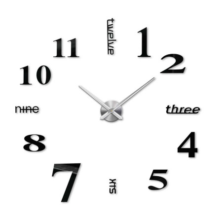 Aufklebbare Uhr mit markanten Zeigern und unkonventioneller Zahlentypografie. Aufklebbare Uhr mit markanten Zeigern und unkonventioneller Zahlentypografie.