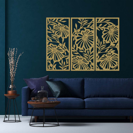 Dreiteiliges Wandbild aus Holz mit floralem Motiv - AMFIL