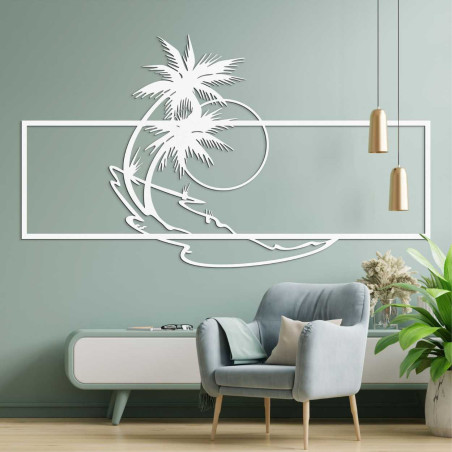 Ein Strandmotiv aus Holz geschnitzt in einem klaren, geometrischen Stil. Ein Strandmotiv aus Holz geschnitzt in einem klaren, geometrischen Stil.