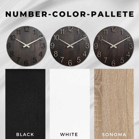 Moderne Holzuhr mit schlichtem Zifferblatt und Metallzeigern. Moderne Holzuhr mit schlichtem Zifferblatt und Metallzeigern.