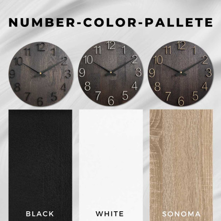 Runde Holzuhr mit dezentem Naturmotiv und lesbaren Zahlen. Runde Holzuhr mit dezentem Naturmotiv und lesbaren Zahlen.