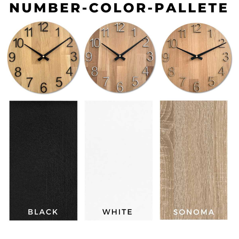 Runde Uhr mit dekorativem Ausschnitt in der Mitte und zartem Holzmuster.