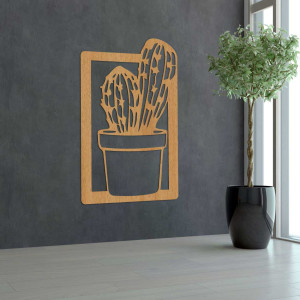 Geschnitztes Holzbild mit Kaktusmotiv, passend für Wohnzimmer oder Küche.