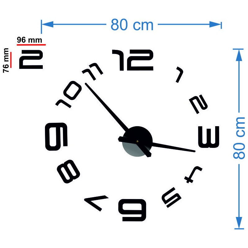 Abmessungen des Wandaufklebers Uhr, Design Wanduhr