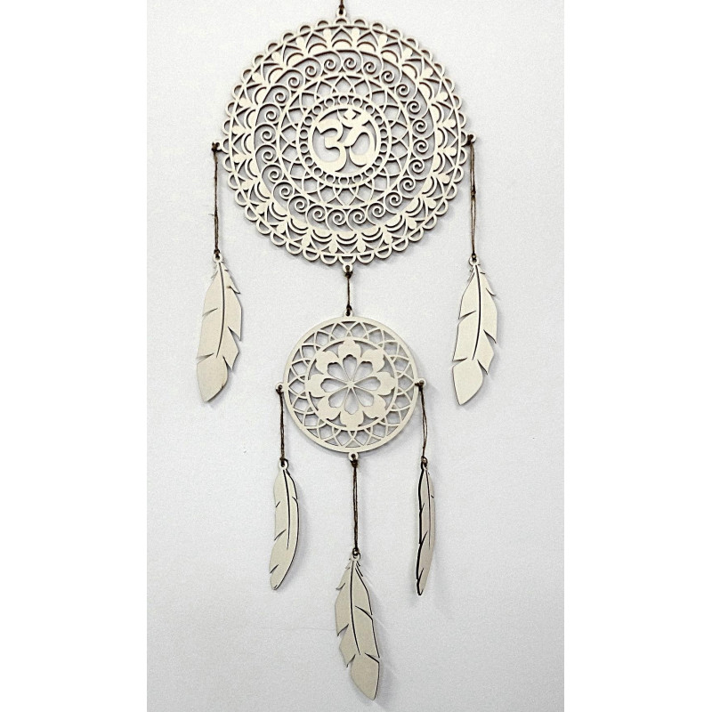 Spiritueller Traumfänger OM, Wanddekoration aus Holz, Federn aus Pappelsperrholz, Boho-Stil.